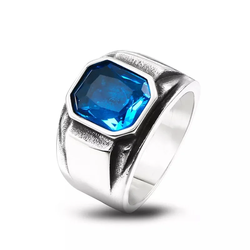 Ladies Explorer Spirit Rings -Stainless Steel Retro Blue CZ Ring