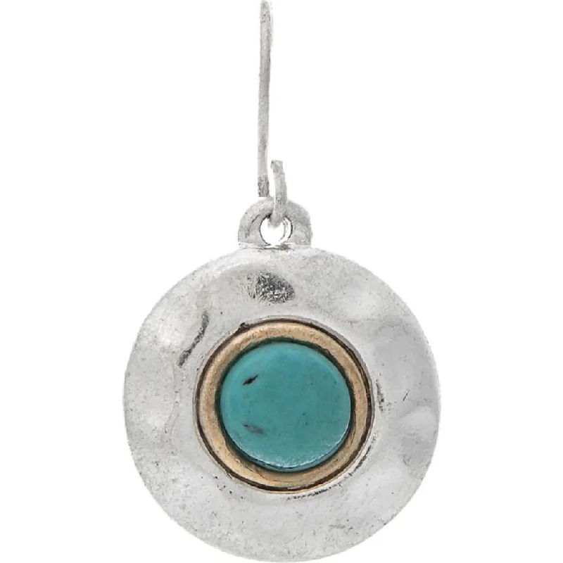 Ladies Titanium Minimal Earrings -Rain :  Two Tone Turquoise Gem Hammered Disc Earring