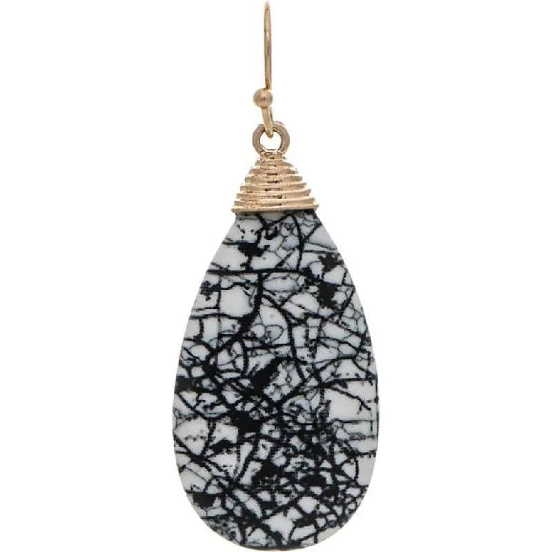 Ladies Bar Drop Earrings -Rain : Gold Faux Black Agate Teardrop Earring