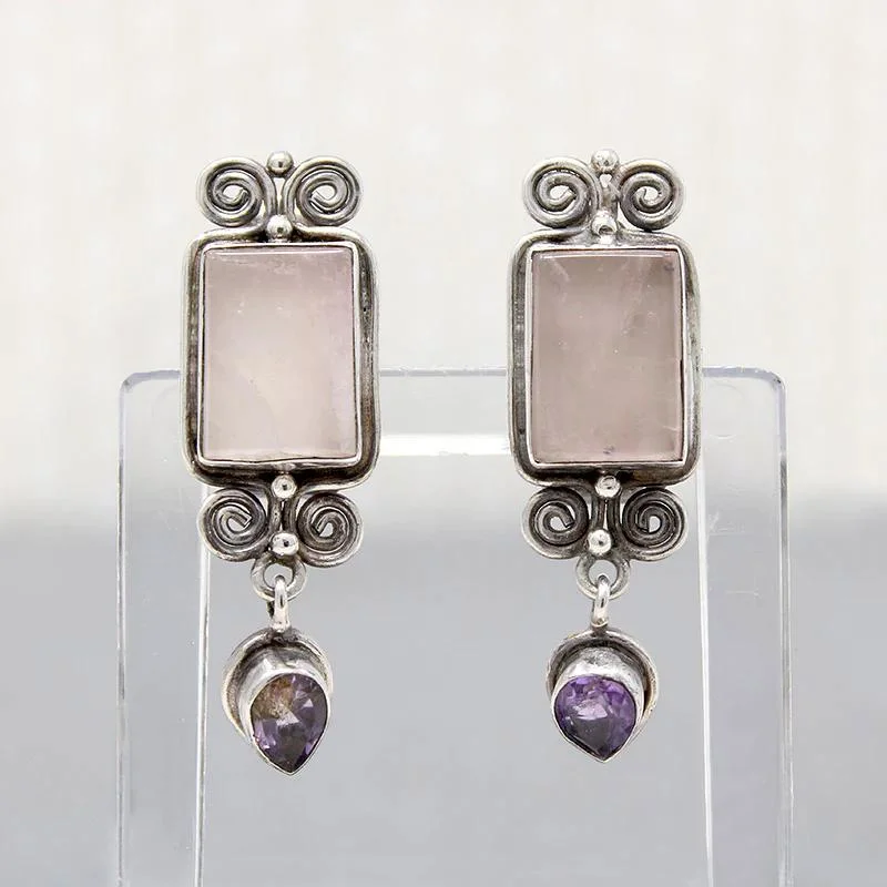 Ladies 10K Gold Earrings -Pretty Pastel Rose Quartz & Amethyst Silver Earrings