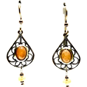 Ladies Spring Bloom Earrings -Silver Forest Filigree with Amber Stone and Drop Pierced Earrings