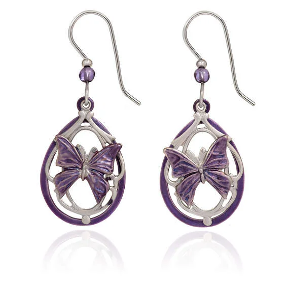 Ladies Ocean Wave Earrings -Silver Forest Butterflies Silver and Purple Drop Earrings