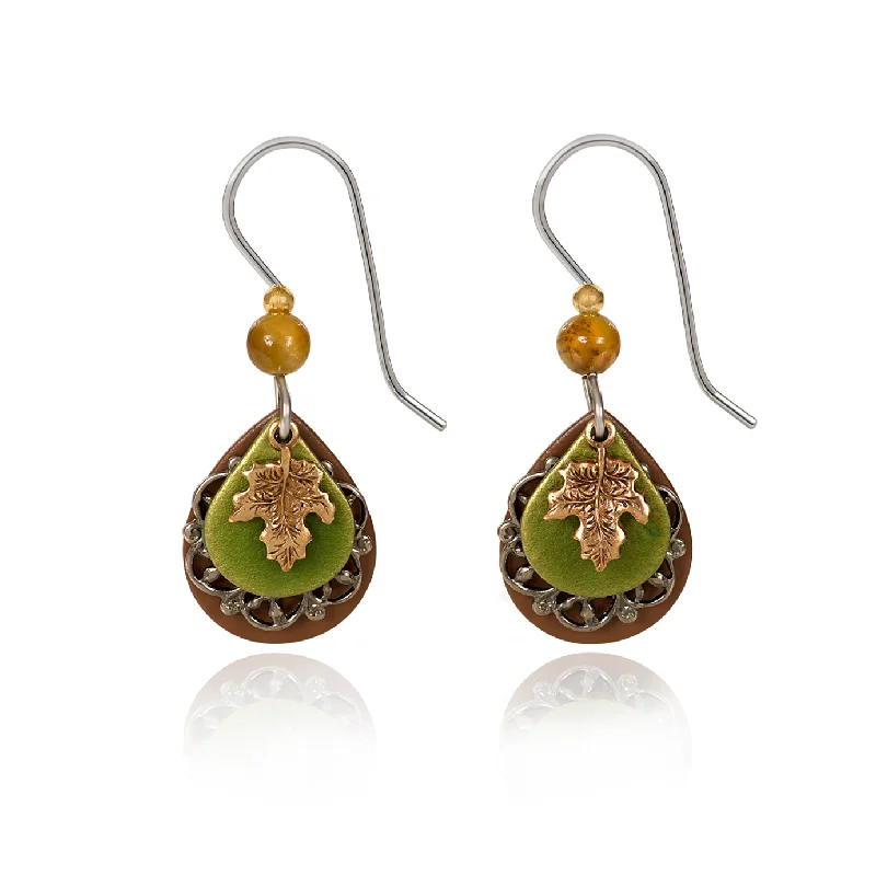 Ladies Autumn Hue Earrings -Silver Forest Earrings Dainty Gold Leaf on Green Layers