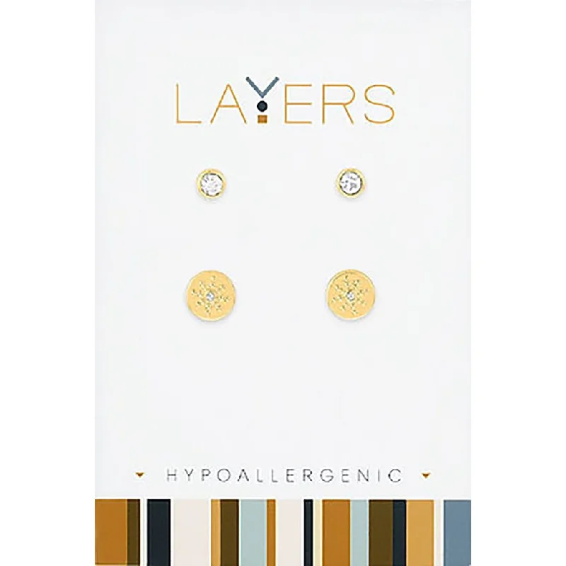 Ladies Threader Style Earrings -Center Court: Gold Cubic Zirconia & Studded Sun Duo Layers Earrings