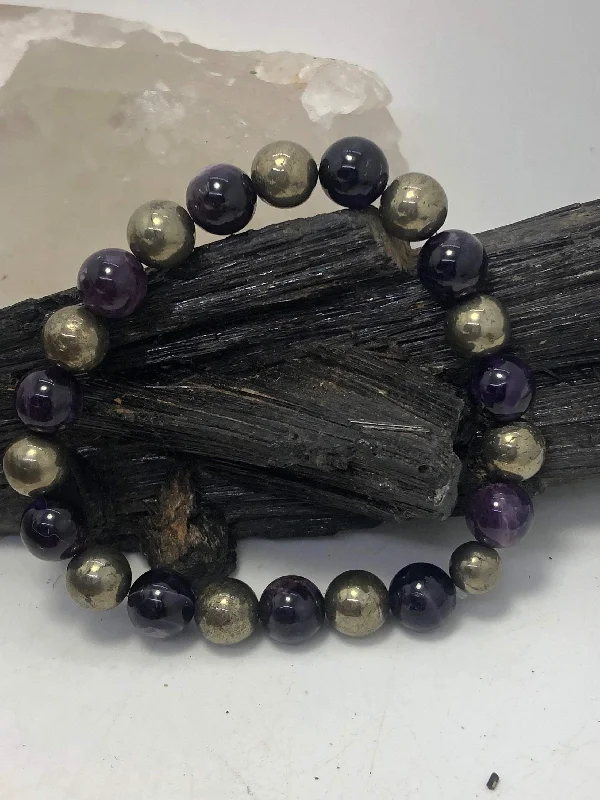 Ladies Bracelets with Rainbow Fluorite-Amethyst and Pyrite Stretchy Bracelet