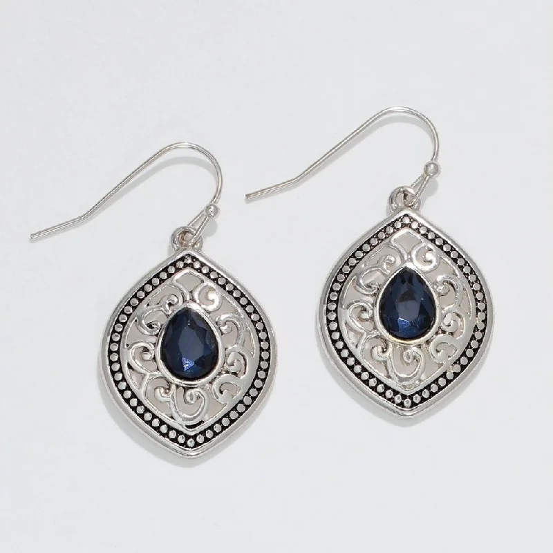 Ladies Huggie Hoop Earrings -Periwinkle by Barlow : Silver Filigree with Navy Faceted Gems - Earrings