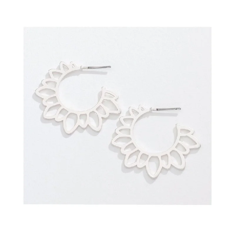 Ladies Thin Dangle Earrings -Periwinkle by Barlow :1" Matte Silver Floral Cutout Hoops - Earrings