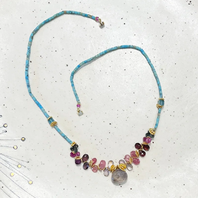 Ladies Necklaces for Special Spark-Afghan Turquoise, Multi Color Saphire Briolettes Necklace