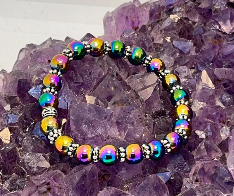 Ladies Bracelets with Feather Spark-Rainbow Hematite Stretchy Bracelet w/Tibetan Silver spacers