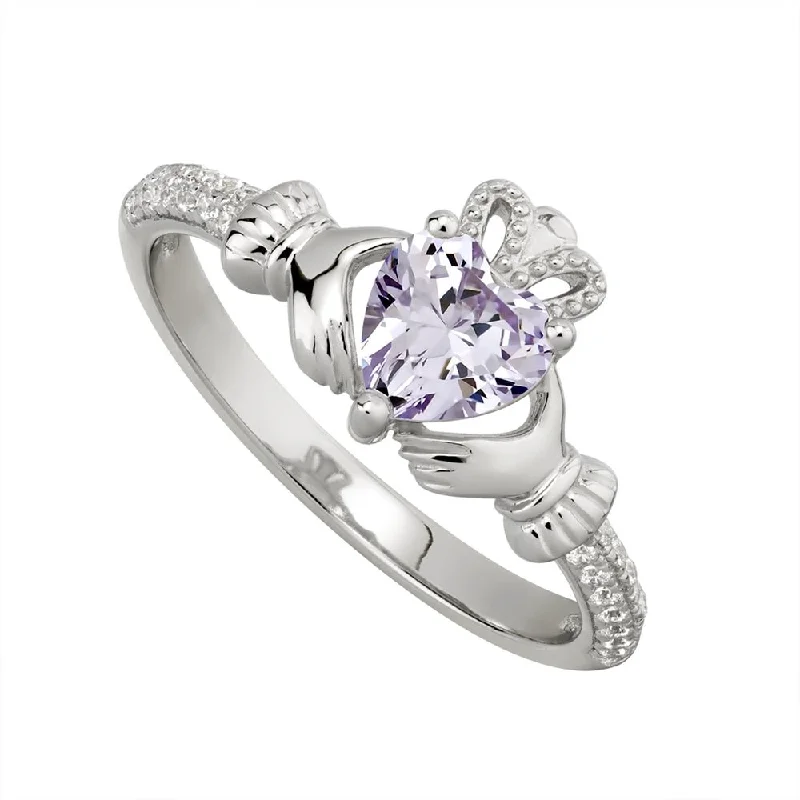 Ladies Astrology Stone Rings -JUNE Birthstone Sterling Silver Claddagh Ring S-S21062-6