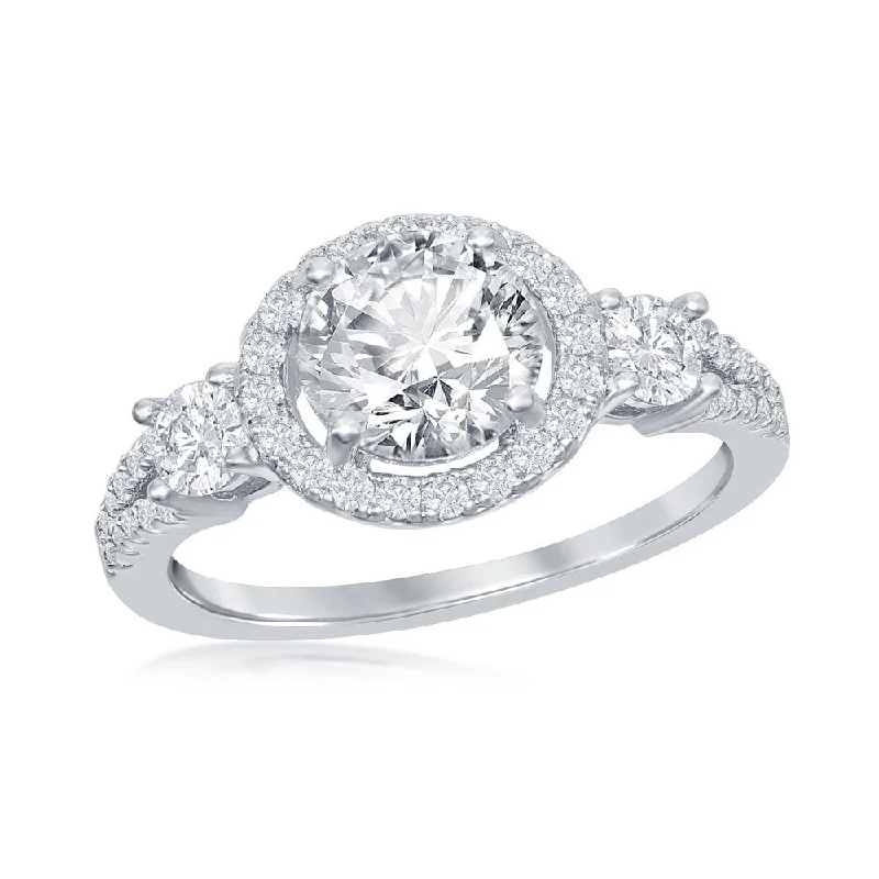 Ladies Everyday Engagement Rings -Sterling Silver Round CZ Halo Engagement Ring - W-2403