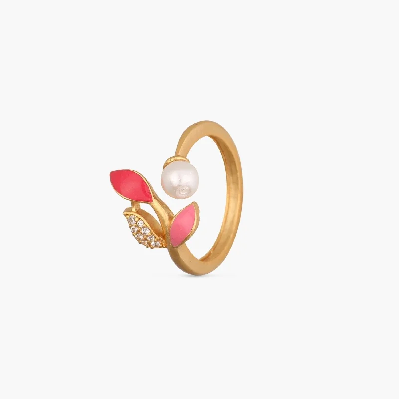 Ladies Slim Line Rings -Eriha Pearl CZ Pink Leaf Finger Ring