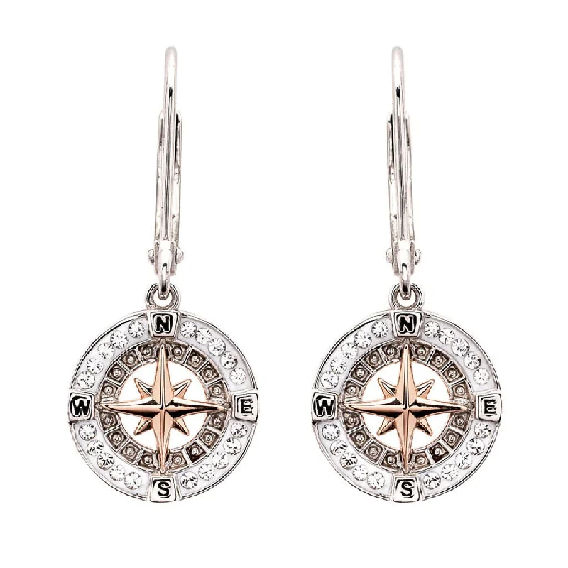 Ladies Personalized Initial Earrings -Ocean : Sterling Silver and Rose Gold Compass Earrings With Crystals