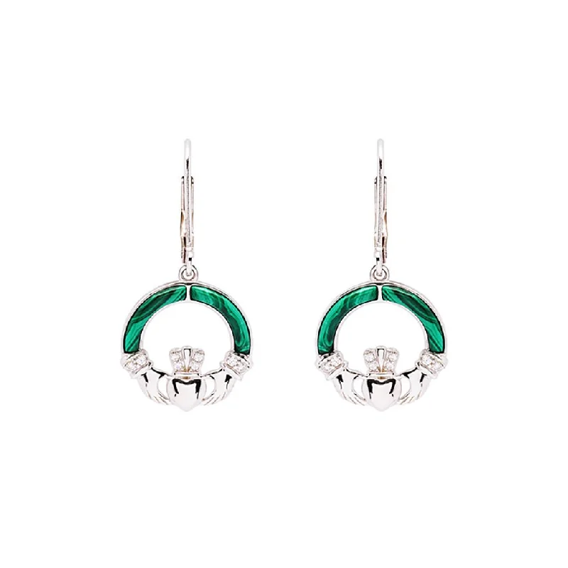 Ladies Quiet Elegance Earrings -Shanore : Green Malachite Sterling Silver Claddagh Drop Earrings