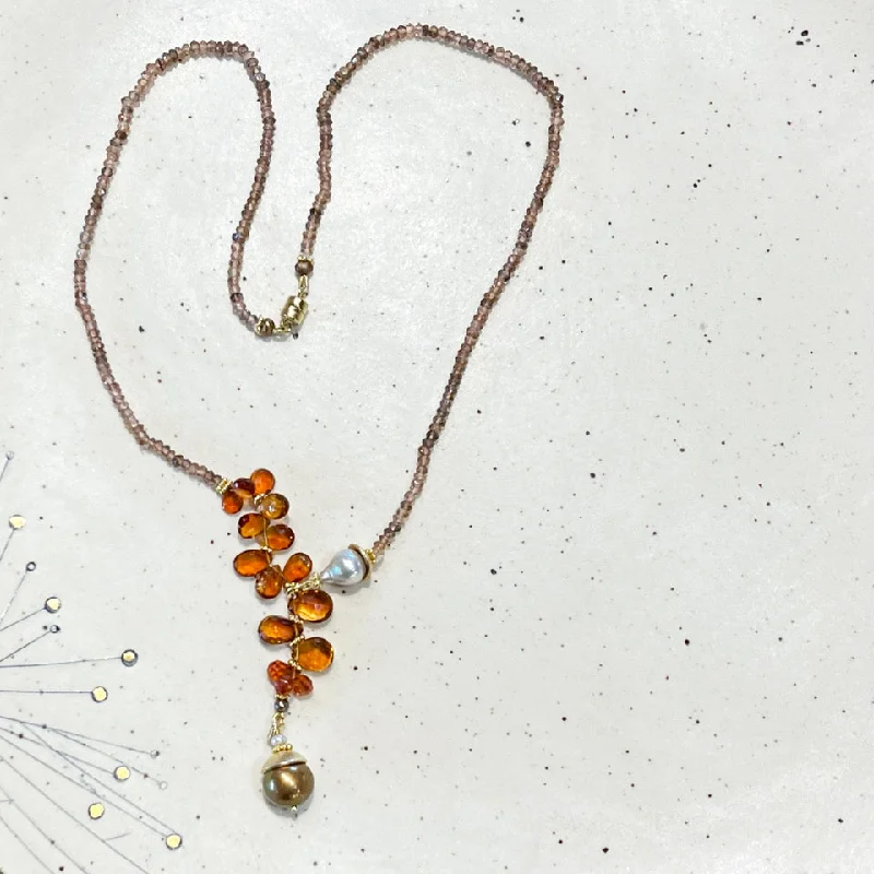 Ladies Necklaces for Festive Shine-MA-717 Andalucite Bead Necklace, Citrine Briolettes, Brown Fresh Water Pearls, Baroque Pearl