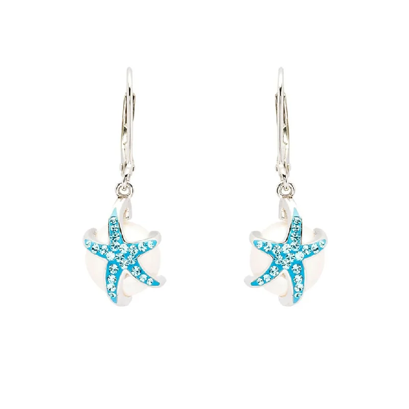 Ladies Hope Stone Earrings -Ocean : Sterling Silver Pearl with Aqua Crystal Star Fish Earrings