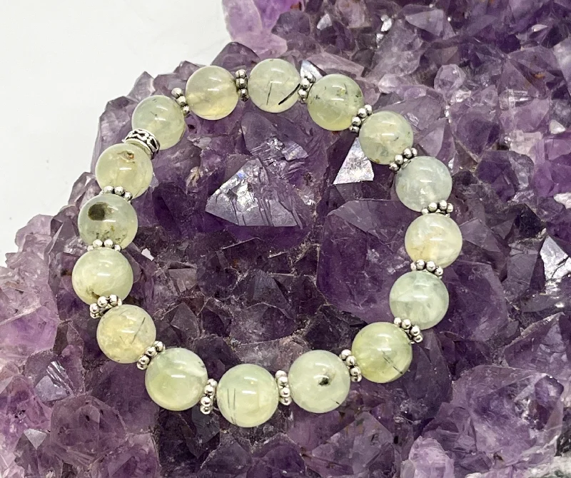 Ladies Bracelets with Silver Cassiterite-Prehnite "Healers Stone" 10mm Stretchy Bracelet w/Tibetan Silver Spacers