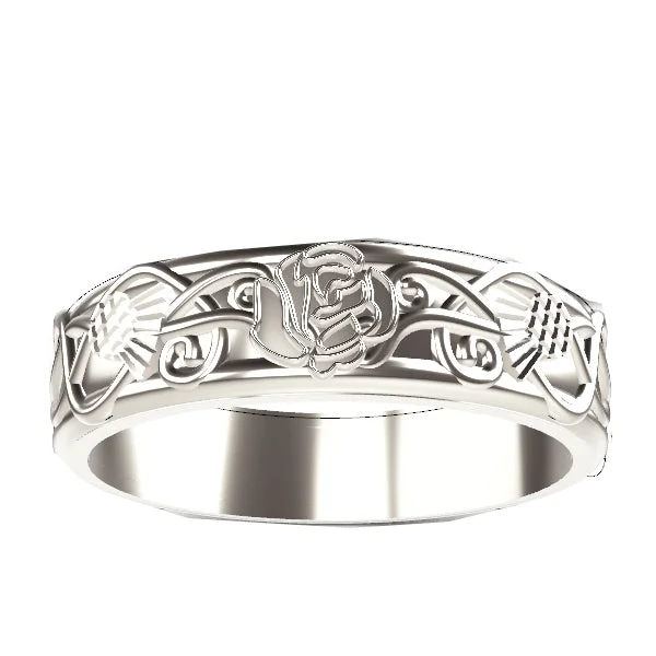 Ladies Valentine’s Charm Rings -Scottish Rose and Thistle Edinburgh Celtic Ring in White Gold