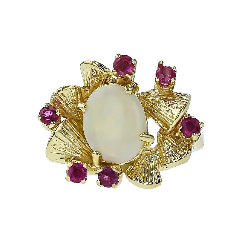 Ladies Rainbow Stone Rings -14K Yellow Gold Cabochon Opal and Ruby Ring