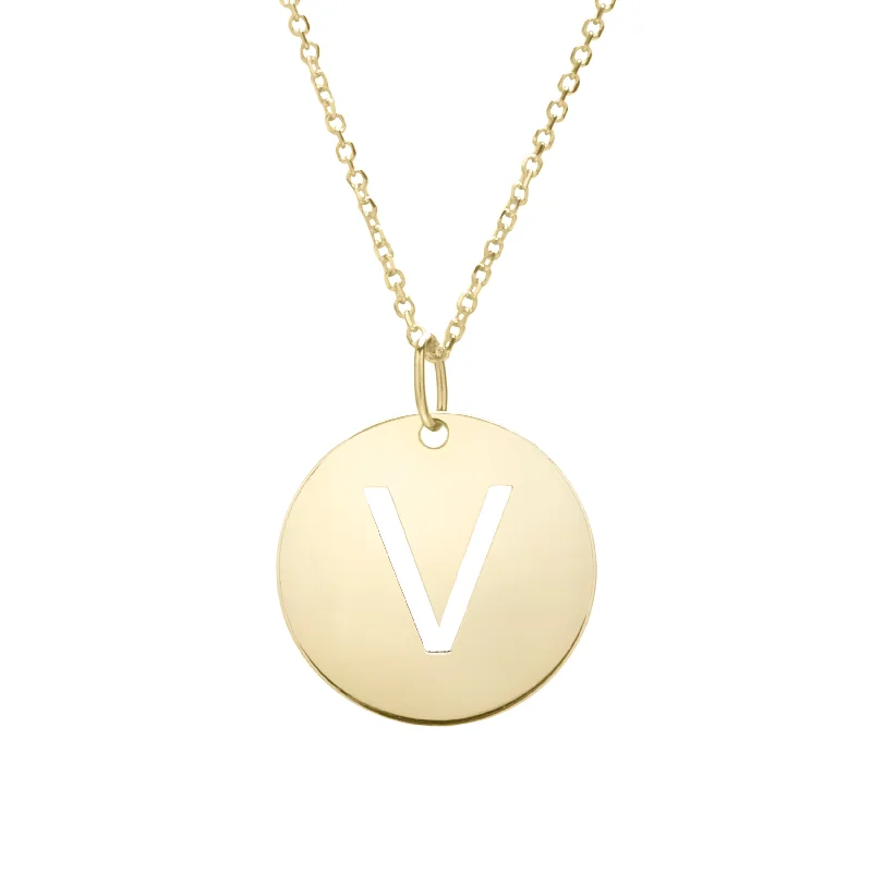 Ladies Necklaces for Party Shine-14K Gold Disc Initial V Necklace