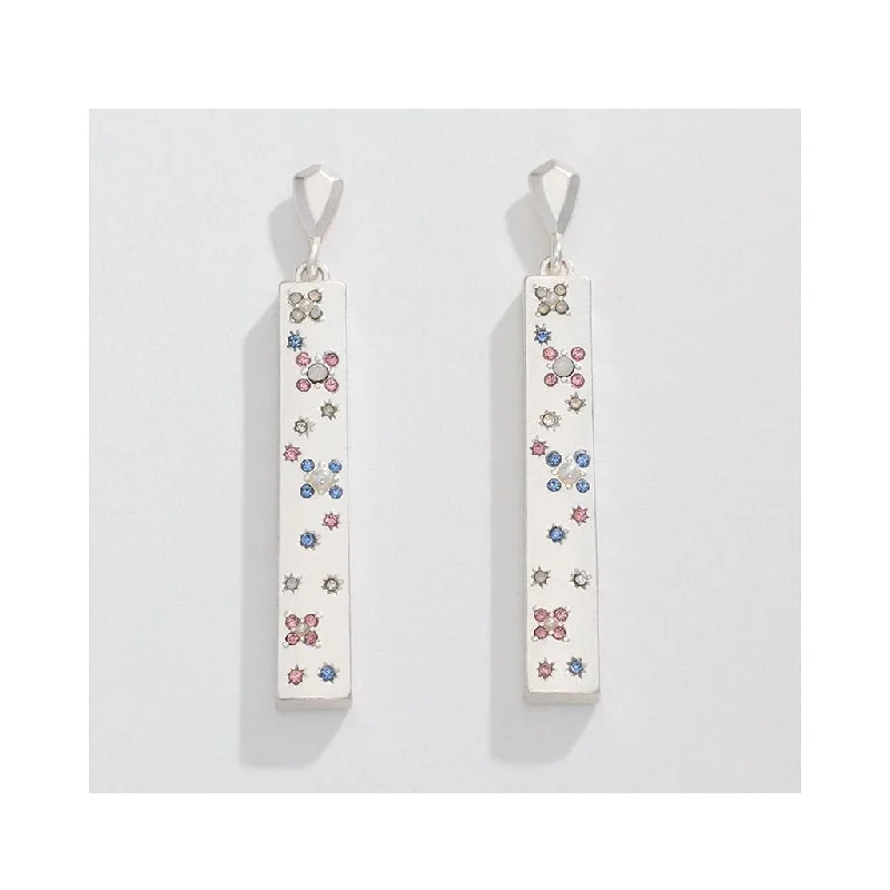 Ladies Cultural Heritage Earrings -Periwinkle by Barlow : Matte Silver Rectangular Drops with Starry Crystals - Earrings