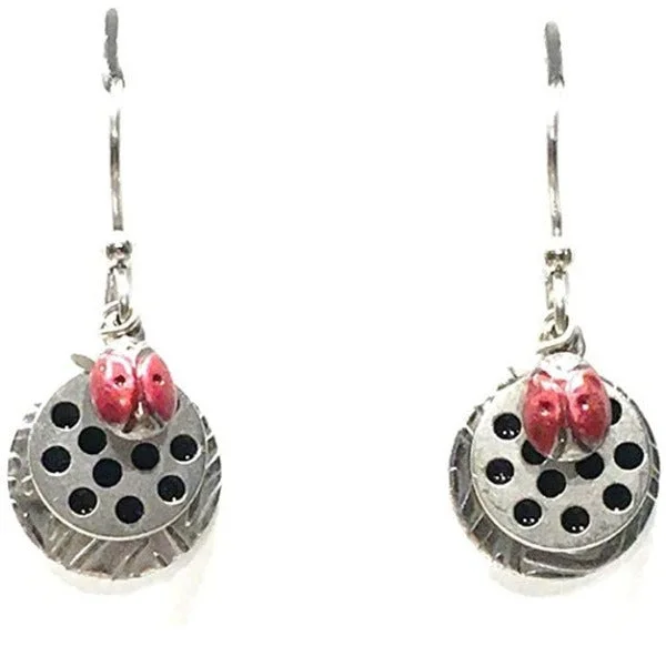 Ladies White Pearl Earrings -Silver Forest Lady Bug on Layered Discs Pierced Earrings