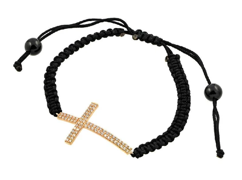 Ladies Bracelets Pearl Spark-Silver 925 Gold Plated Sideways Cross CZ Black Braided Bracelet - BGB00179RGP