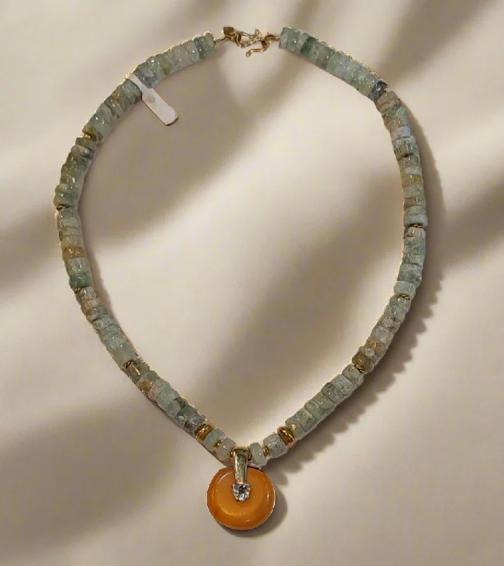 Ladies Necklaces for Youth Glow-Necklace with Aquamarine gemstones, Amber medallion with diamonds and gold 18k elements