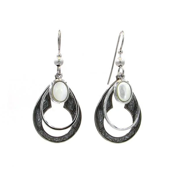 Ladies Tribal Pattern Earrings -Silver Forest Earrings Silver Black White Stone Teardrop