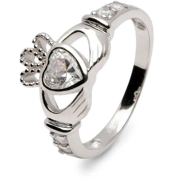 Ladies Love Knot Rings -Retired APRIL Birthstone Silver Claddagh Ring LS-SL90DC-4  No Inscription