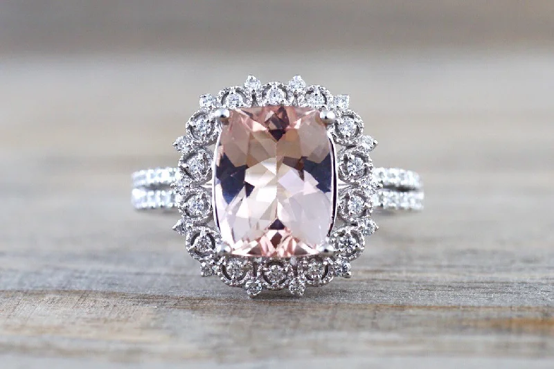 Ladies Lapis Lazuli Rings -18k White Gold Floral Double Halo Cushion Morganite Ring