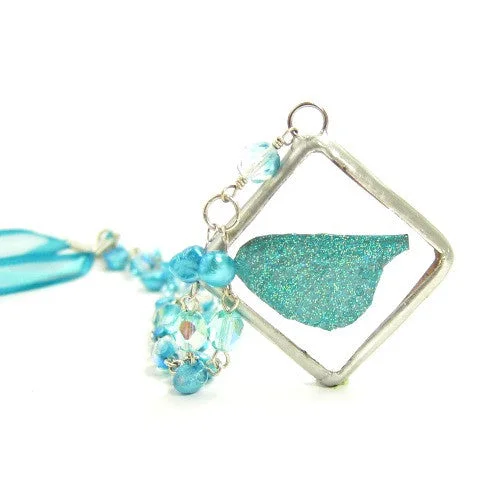 Ladies Necklaces with White Leucite-Teal Fairy Necklace with Fairy Wing Pendant in Soldered Glass