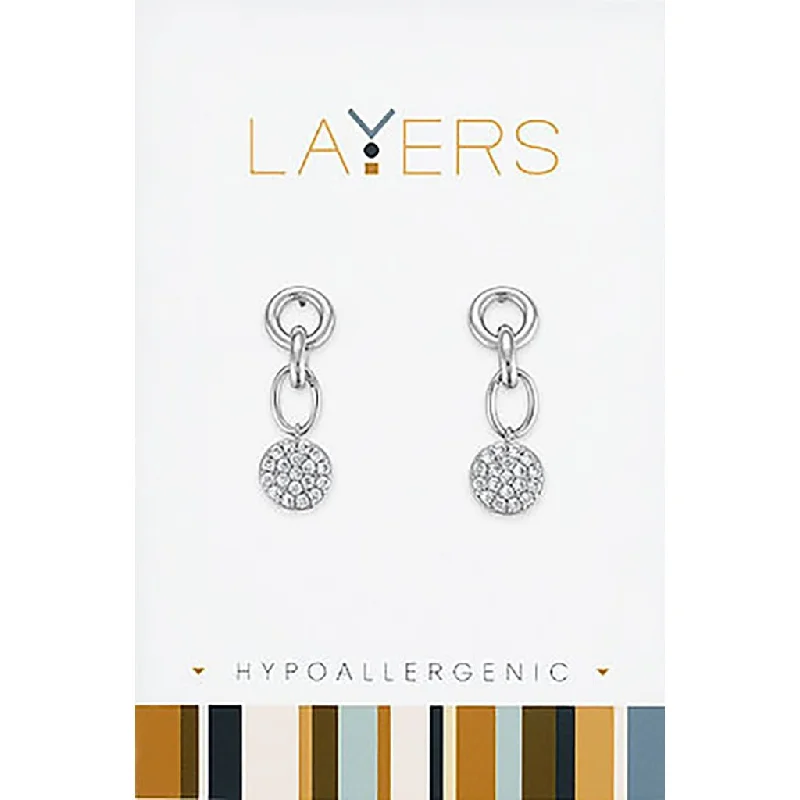 Ladies Artisan Handmade Earrings -Center Court: Silver Linked Cubic Zirconia Coin Dangle Layers Earrings