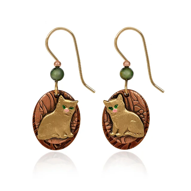 Ladies Soft Tone Earrings -Silver Forest Earrings Pretty Gold Kitty on Bronze Disc with Green Bead