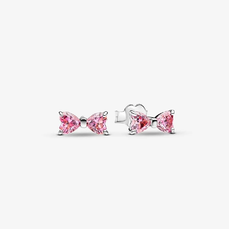 Ladies Pure Platinum Earrings -PANDORA : Sparkling Pink Bow Stud Earrings