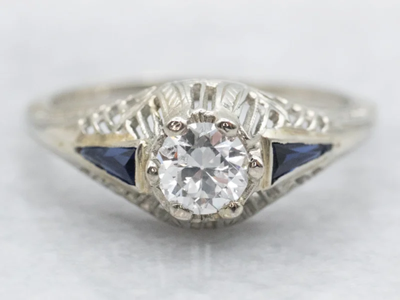 Ladies Symmetrical Engagement Rings -Art Deco Diamond and Synthetic Sapphire Engagement Ring