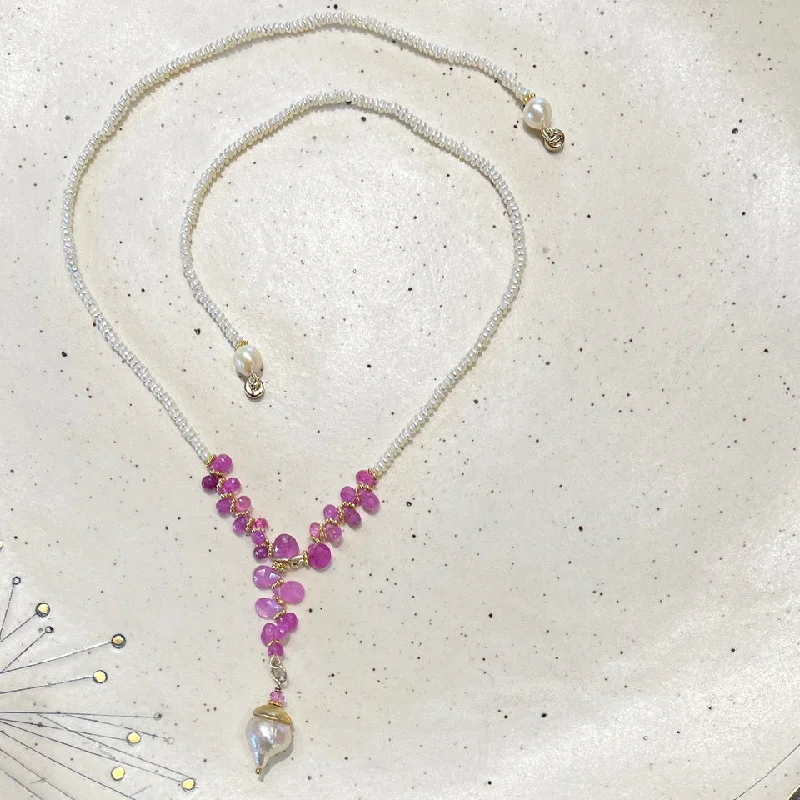 Ladies Necklaces Gift Glow-Fresh Water Pearl, Pink Sapphire & Baroque Pearl Necklace