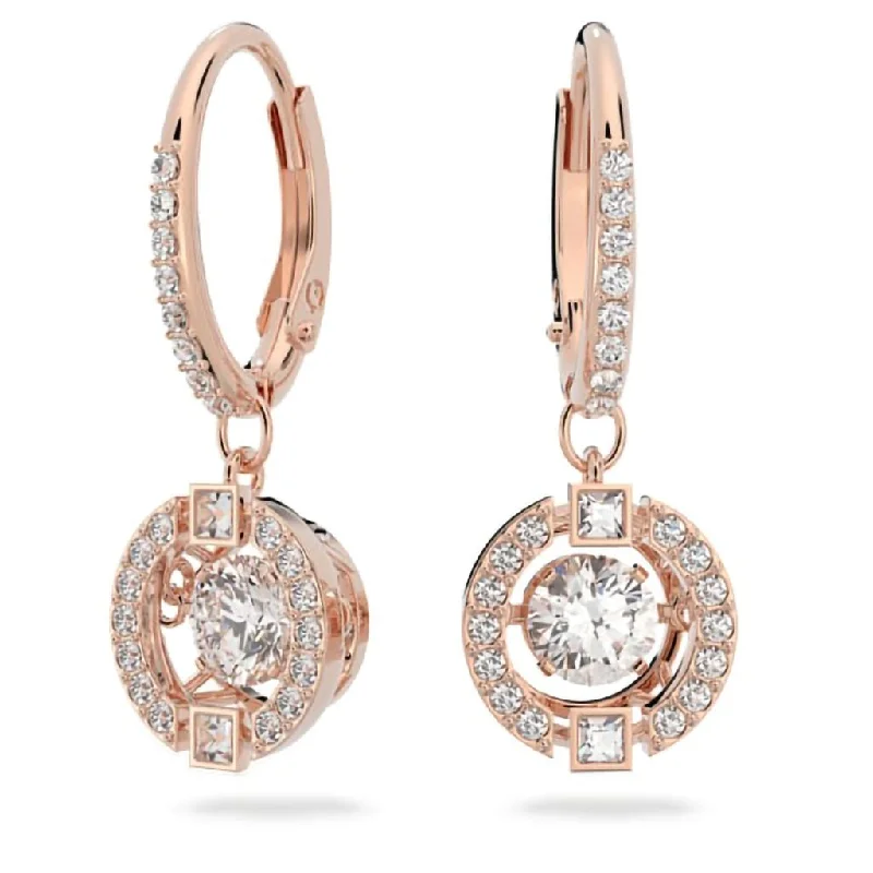 Ladies Emerald Dangle Earrings -Swarovski : Sparkling Dance Drop Earrings- Round Cut in Rose Gold