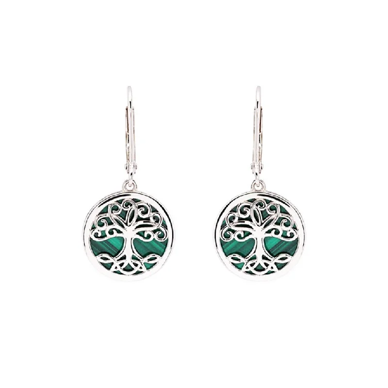 Ladies Whimsical Charm Earrings -Shanore : Green Malachite Sterling Silver Tree of Life Drop Earrings