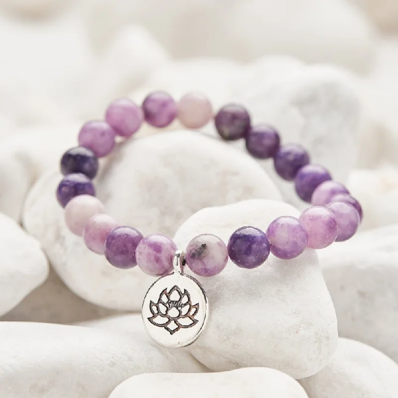 Ladies Bracelets with Silver Cassiterite-Purple Lepidolite Crystal Charm Bracelet