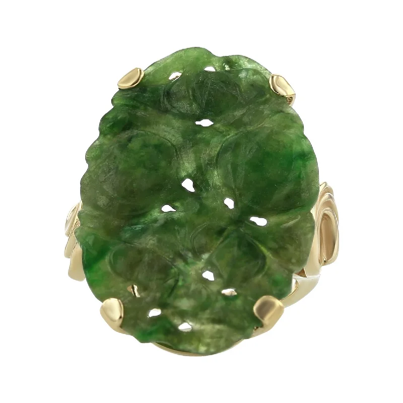 Ladies Midi Band Rings -14K Yellow Gold Oval Pierced Green Jade Ring