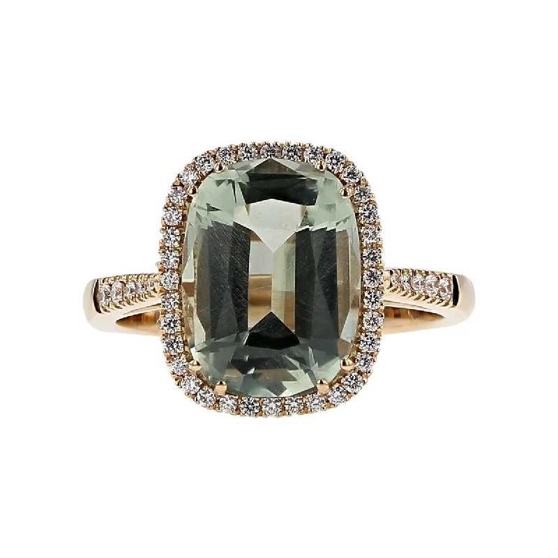 Ladies White Gold Solitaire Rings -18K Rose Gold Green Prasiolite Halo Ring