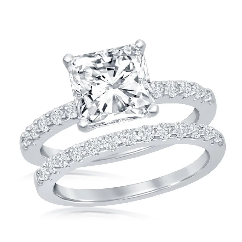 Ladies Enchanted Engagement Rings -Sterling Silver Princess-Cut Half CZ Band Engagement Ring Set - W-2406