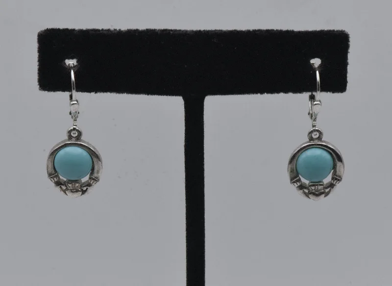 Ladies Petite Stud Earrings -Vintage Irish Claddagh Turquoise Sterling Silver Earrings