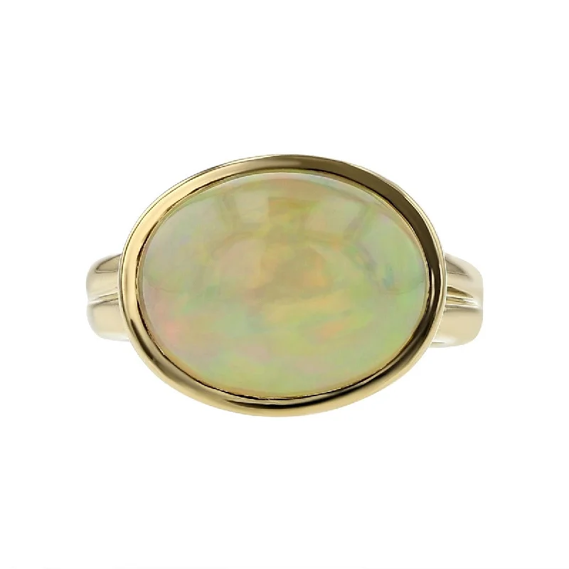 Ladies Blue Sapphire Rings -14K Yellow Gold Ethiopian Cabochon Opal Ring