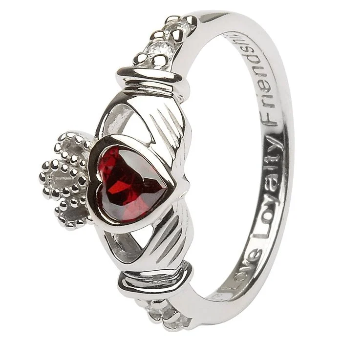 Ladies Cottage Style Rings -JANUARY Birthstone Silver Claddagh Ring LS-SL90-1 Inscribed with "Love Loyalty Friendship"