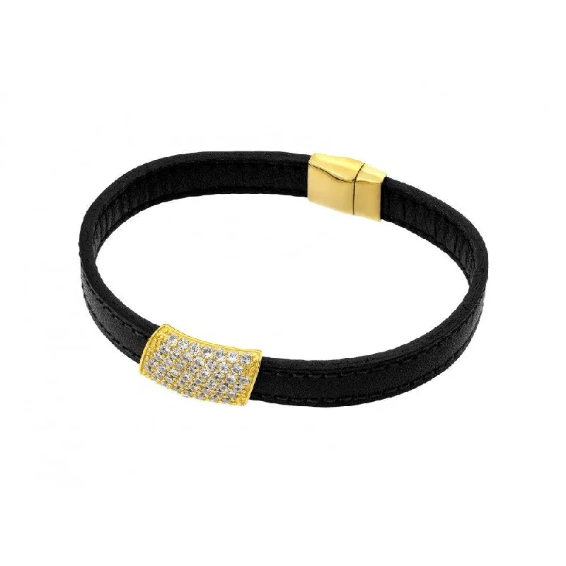 Ladies Bracelets with Cyan Richterite-Silver 925 Gold Plated Clear Micro Pave CZ Black Leather Bracelet - ECB003GP