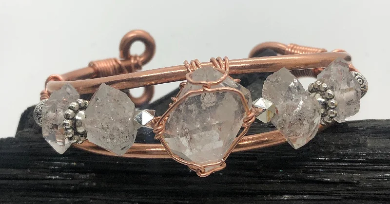 Ladies Bracelets with Warm Opal-Herkimer Diamond with Herkimer Side Stones Handmade Copper Wirewrapped Bangle Bracelet