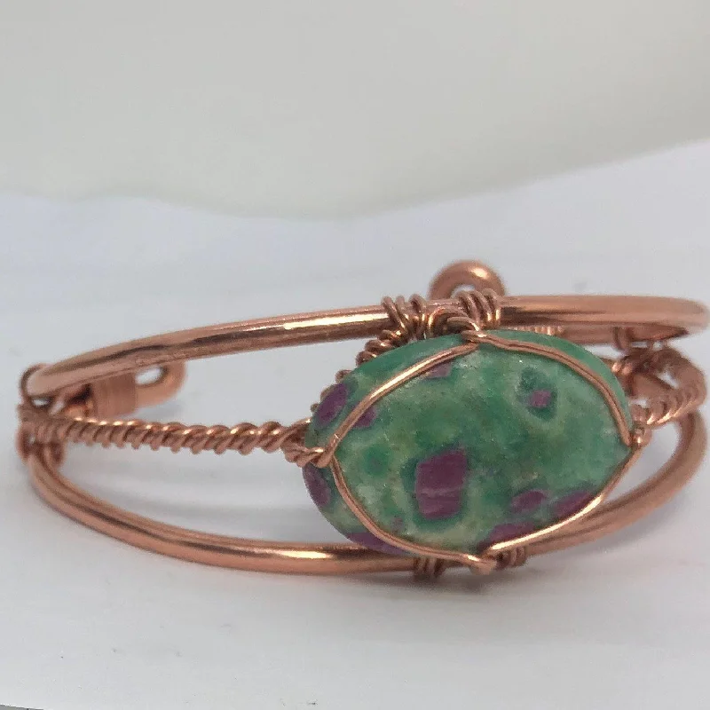 Ladies Bracelets with White Thaumasite-Ruby Zoisite Crystal Copper Bracelet Wire wrapped Handmade