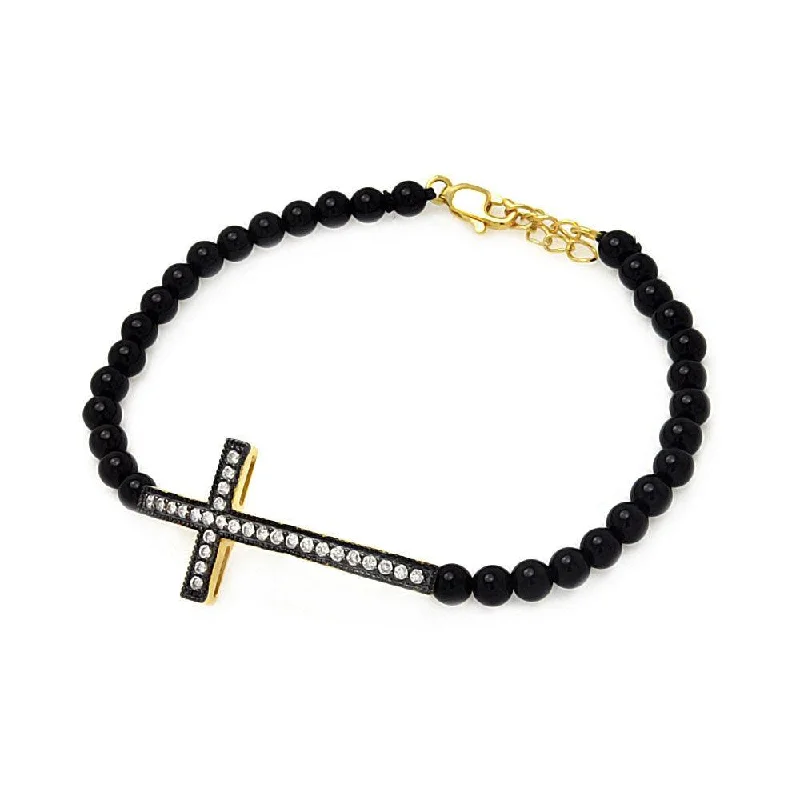 Ladies Bracelets Pure Spark-Wholesale Sterling Silver 925  Gold Plated Sideways Cross CZ Black Bead Bracelet - BGB00121